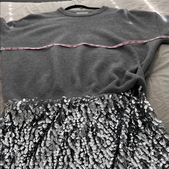 NWT Anthropologie Glamorous Gray Sweater Dress with  Silver Sequin Midi  Skirt - Picture 4 of 10